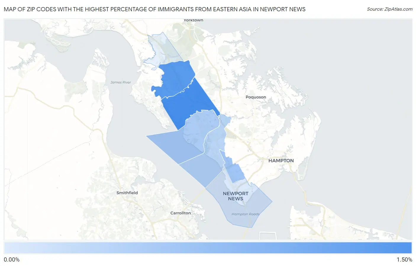 Zip Codes with the Highest Percentage of Immigrants from Eastern Asia in Newport News Map