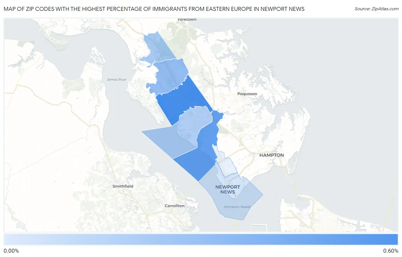 Zip Codes with the Highest Percentage of Immigrants from Eastern Europe in Newport News Map