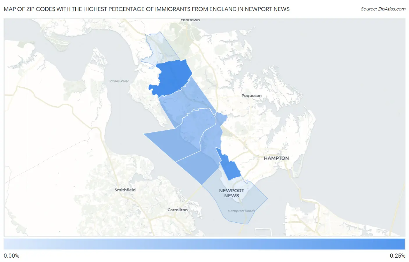 Zip Codes with the Highest Percentage of Immigrants from England in Newport News Map