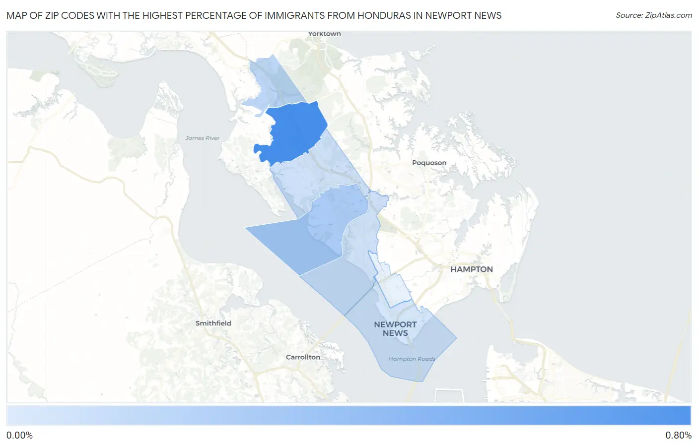 Zip Codes with the Highest Percentage of Immigrants from Honduras in Newport News Map
