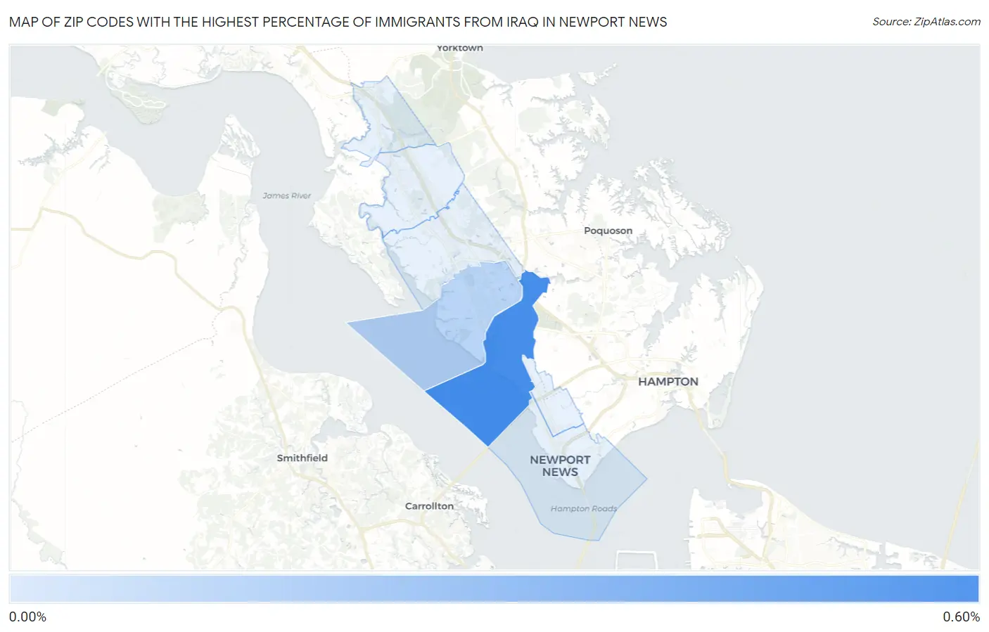 Zip Codes with the Highest Percentage of Immigrants from Iraq in Newport News Map