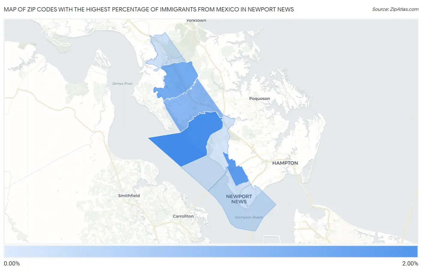 Zip Codes with the Highest Percentage of Immigrants from Mexico in Newport News Map