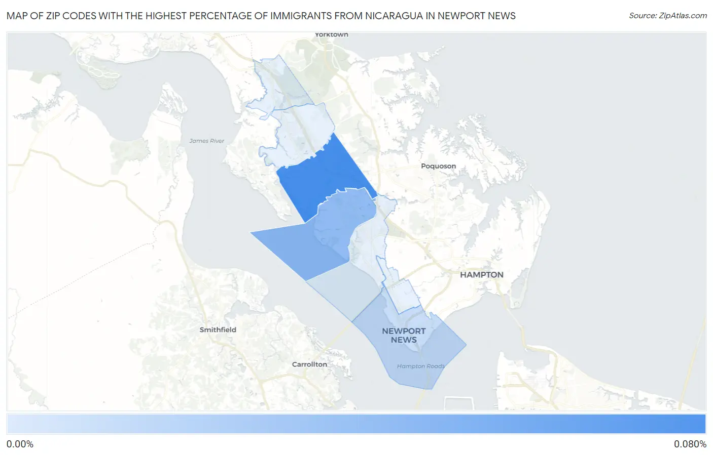 Zip Codes with the Highest Percentage of Immigrants from Nicaragua in Newport News Map