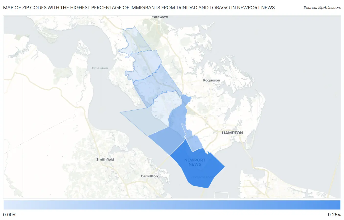 Zip Codes with the Highest Percentage of Immigrants from Trinidad and Tobago in Newport News Map