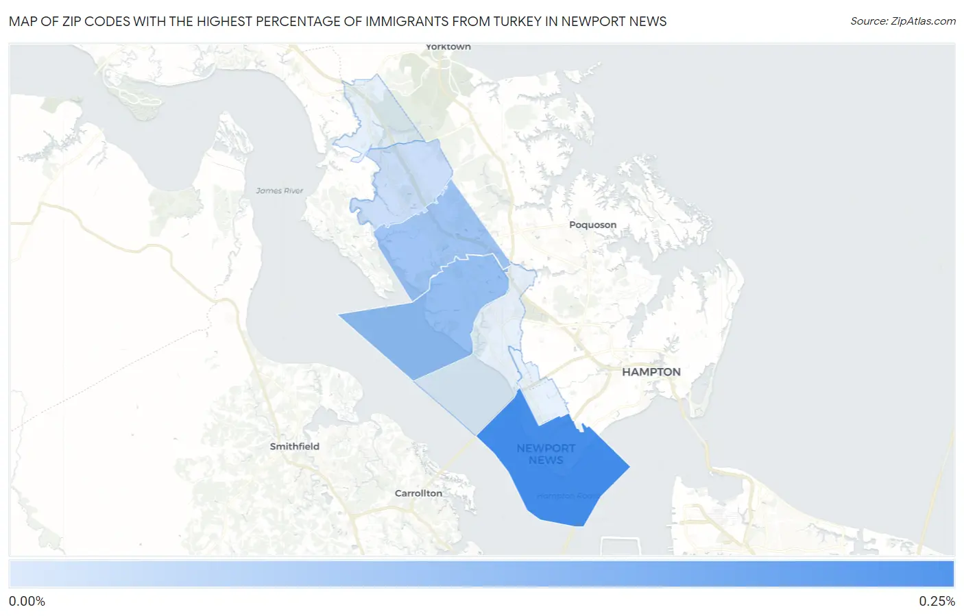 Zip Codes with the Highest Percentage of Immigrants from Turkey in Newport News Map