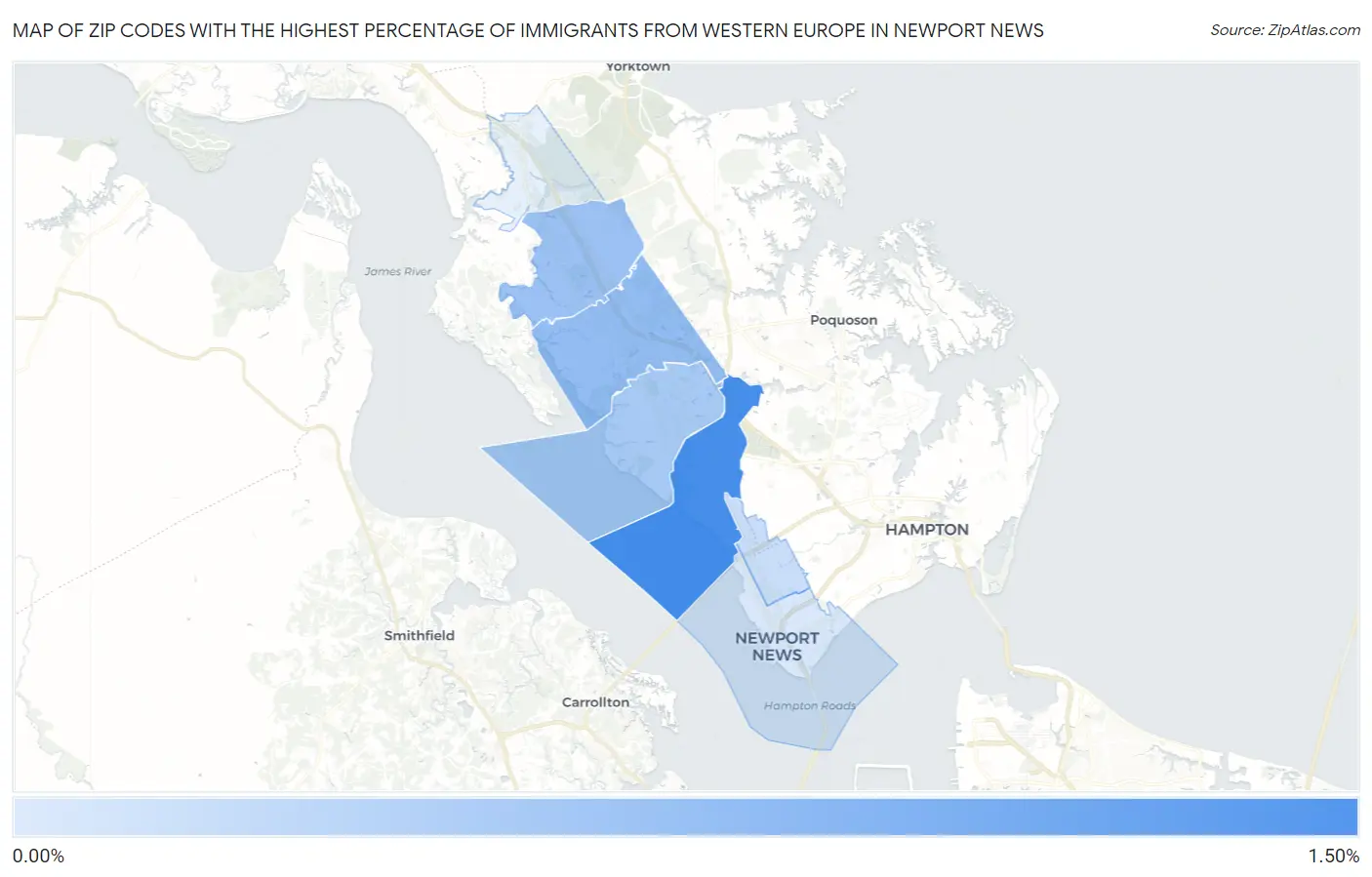Zip Codes with the Highest Percentage of Immigrants from Western Europe in Newport News Map