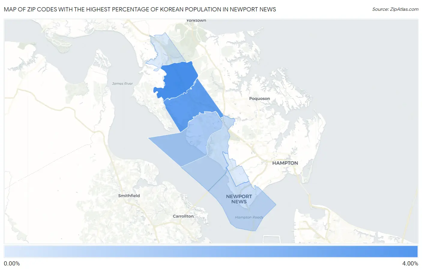 Zip Codes with the Highest Percentage of Korean Population in Newport News Map