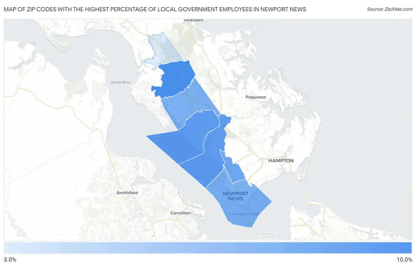 Zip Codes with the Highest Percentage of Local Government Employees in Newport News Map