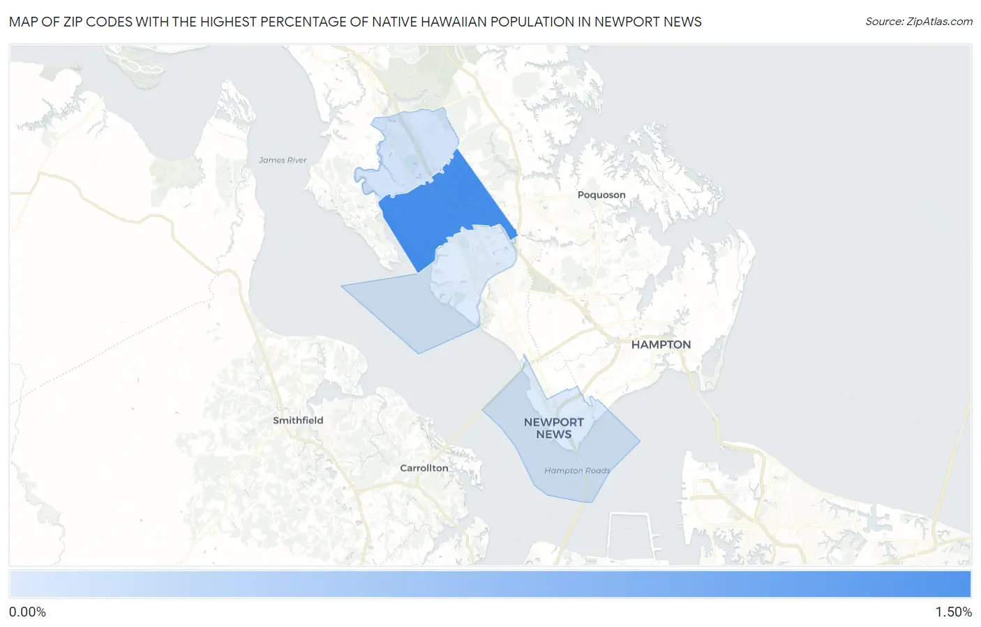 Zip Codes with the Highest Percentage of Native Hawaiian Population in Newport News Map
