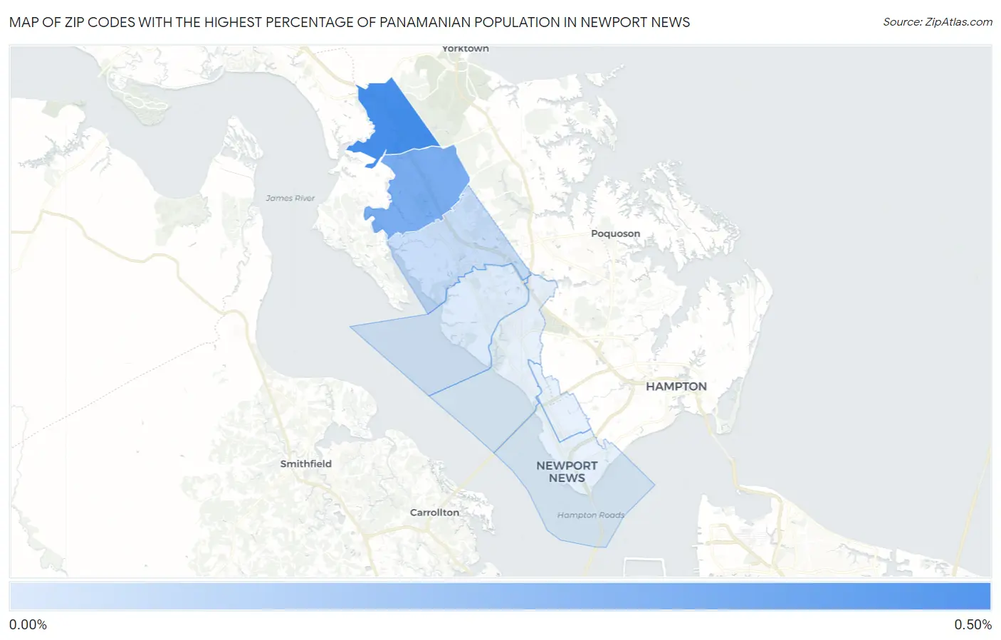 Zip Codes with the Highest Percentage of Panamanian Population in Newport News Map