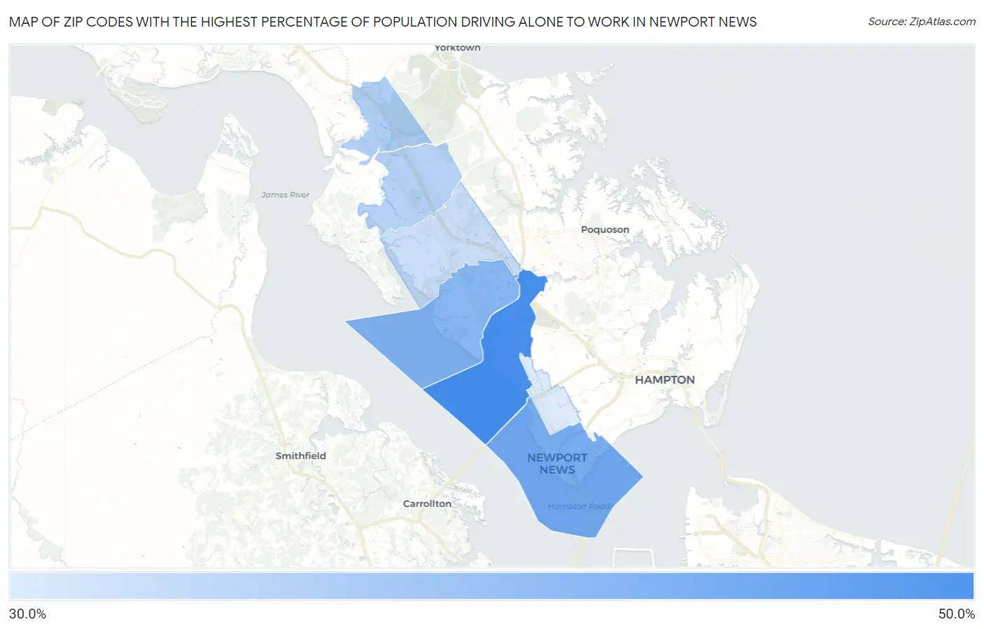 Zip Codes with the Highest Percentage of Population Driving Alone to Work in Newport News Map