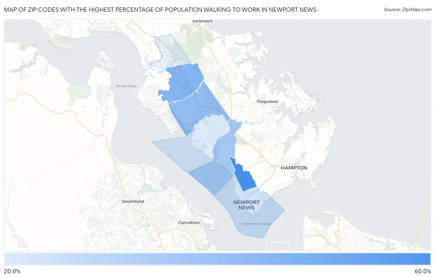 Zip Codes with the Highest Percentage of Population Walking to Work in Newport News Map