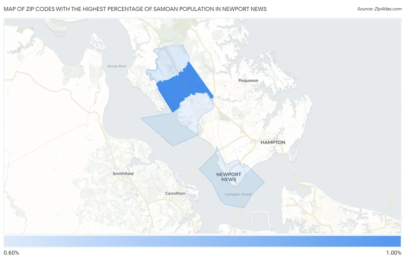 Zip Codes with the Highest Percentage of Samoan Population in Newport News Map