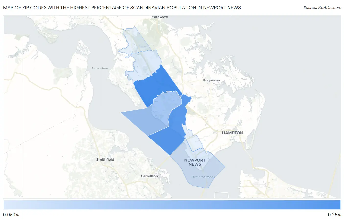 Zip Codes with the Highest Percentage of Scandinavian Population in Newport News Map