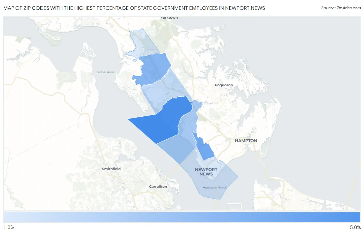 Zip Codes with the Highest Percentage of State Government Employees in Newport News Map