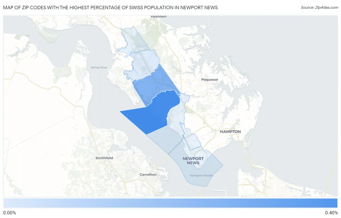 Zip Codes with the Highest Percentage of Swiss Population in Newport News Map