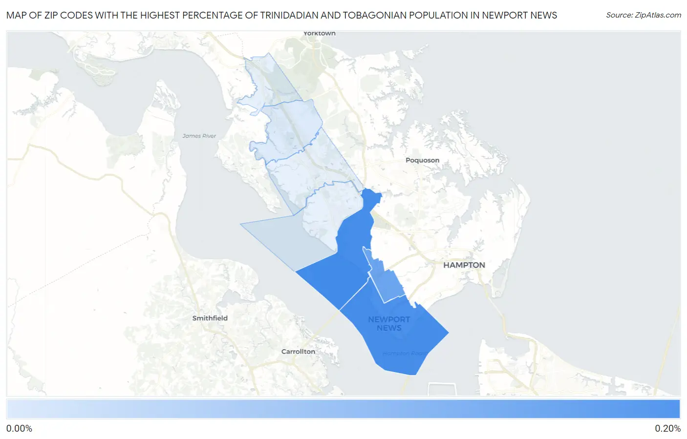 Zip Codes with the Highest Percentage of Trinidadian and Tobagonian Population in Newport News Map