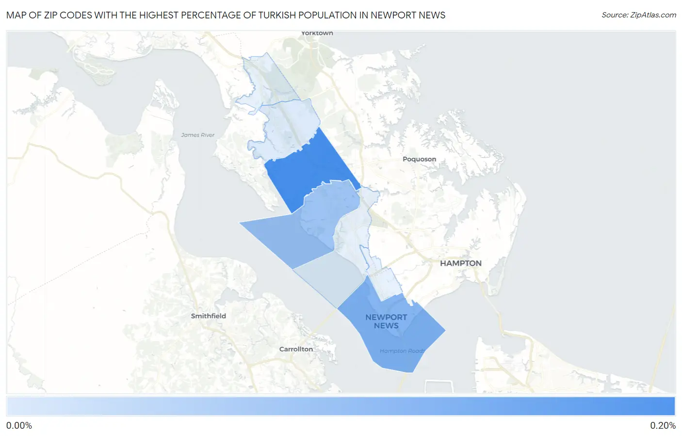 Zip Codes with the Highest Percentage of Turkish Population in Newport News Map