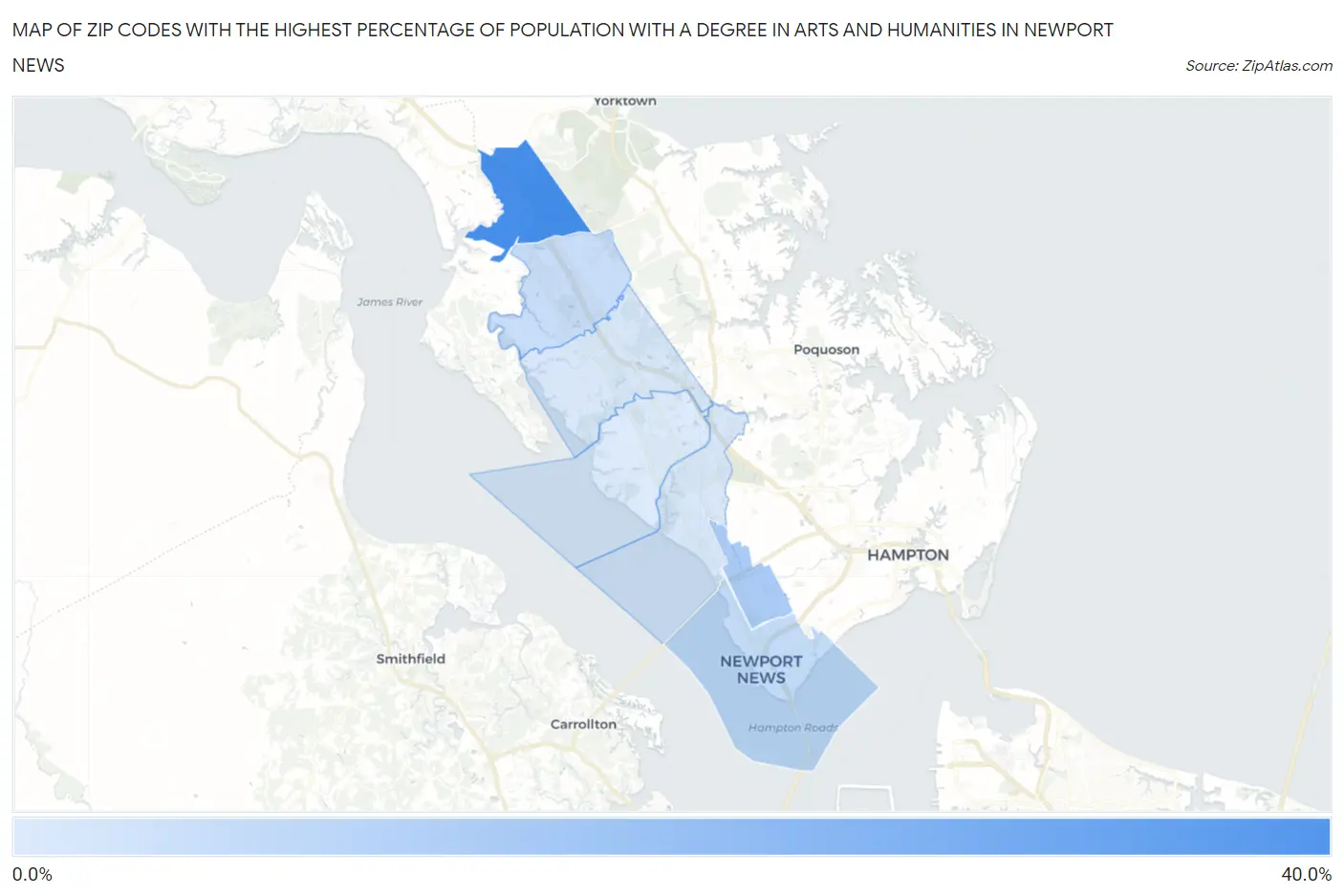 Zip Codes with the Highest Percentage of Population with a Degree in Arts and Humanities in Newport News Map