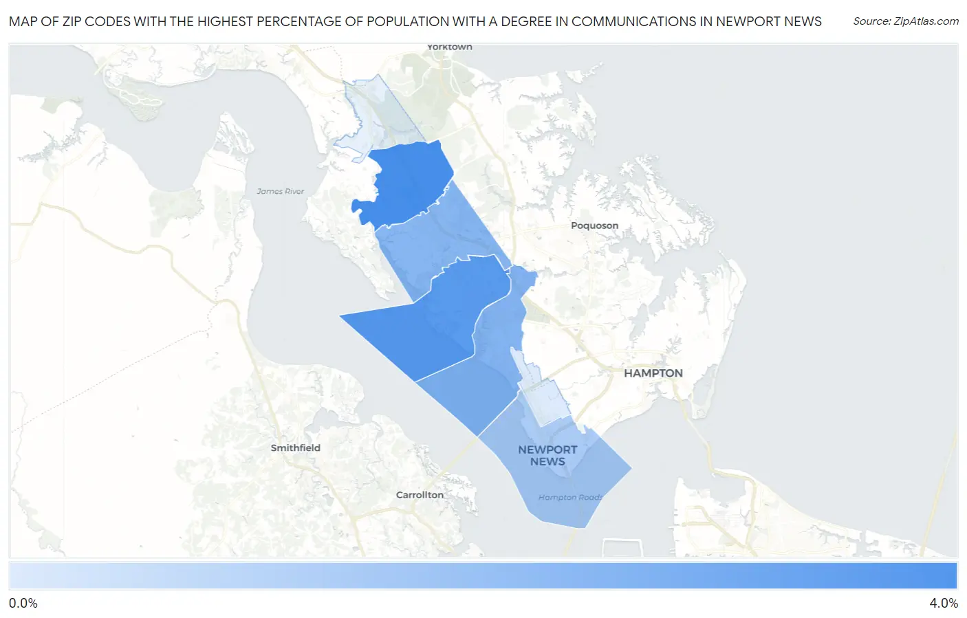 Zip Codes with the Highest Percentage of Population with a Degree in Communications in Newport News Map
