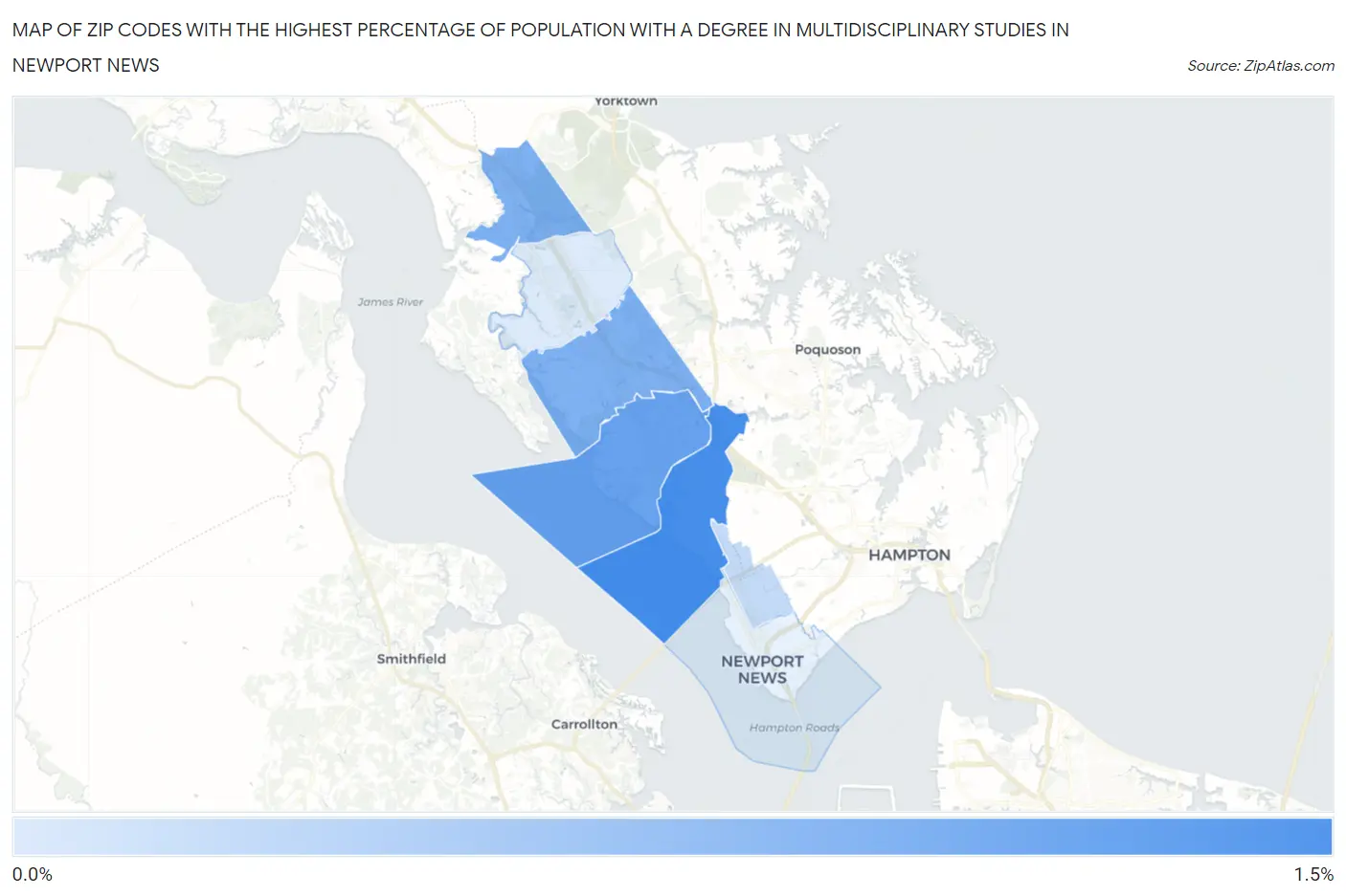Zip Codes with the Highest Percentage of Population with a Degree in Multidisciplinary Studies in Newport News Map