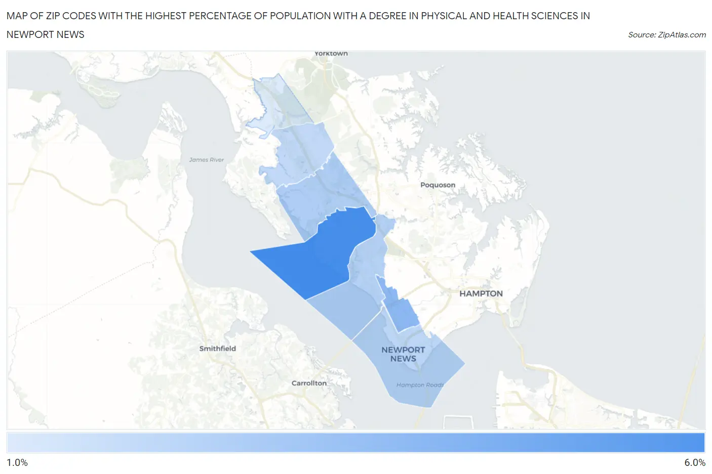 Zip Codes with the Highest Percentage of Population with a Degree in Physical and Health Sciences in Newport News Map