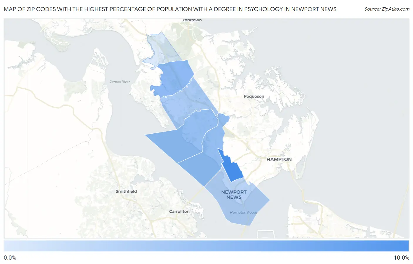 Zip Codes with the Highest Percentage of Population with a Degree in Psychology in Newport News Map