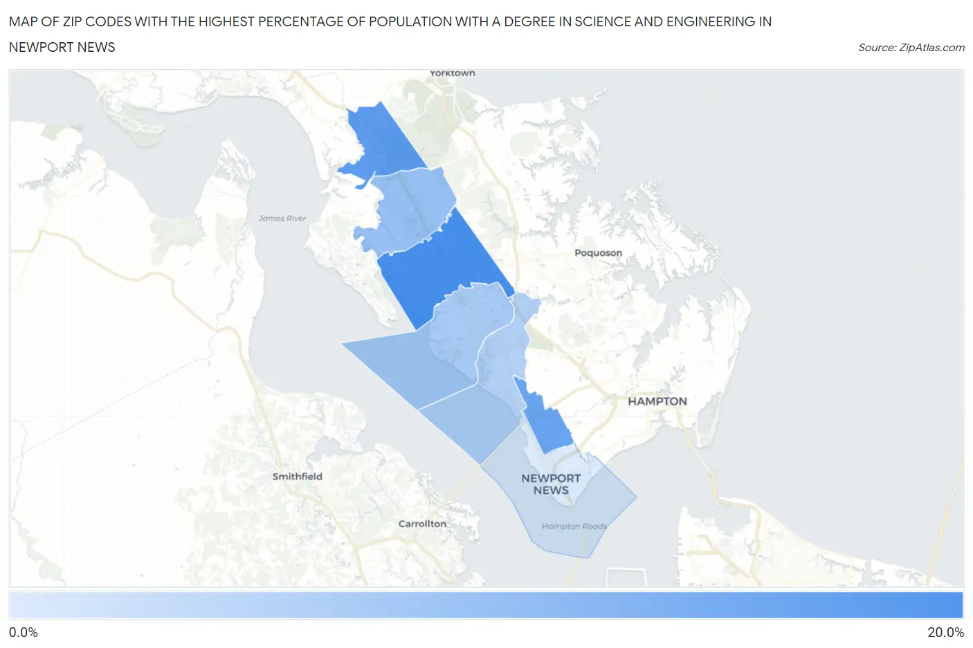 Zip Codes with the Highest Percentage of Population with a Degree in Science and Engineering in Newport News Map
