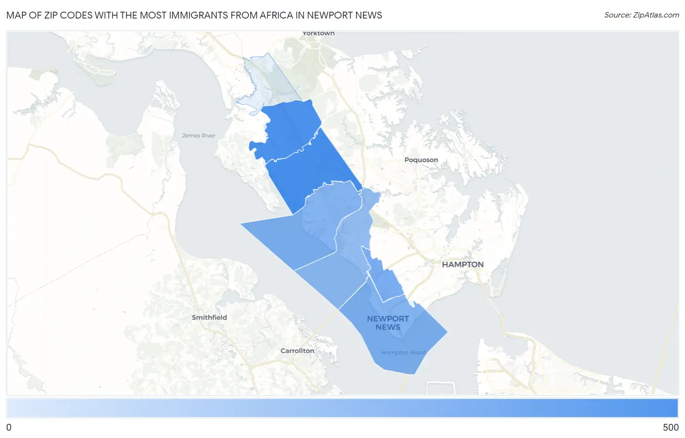 Zip Codes with the Most Immigrants from Africa in Newport News Map