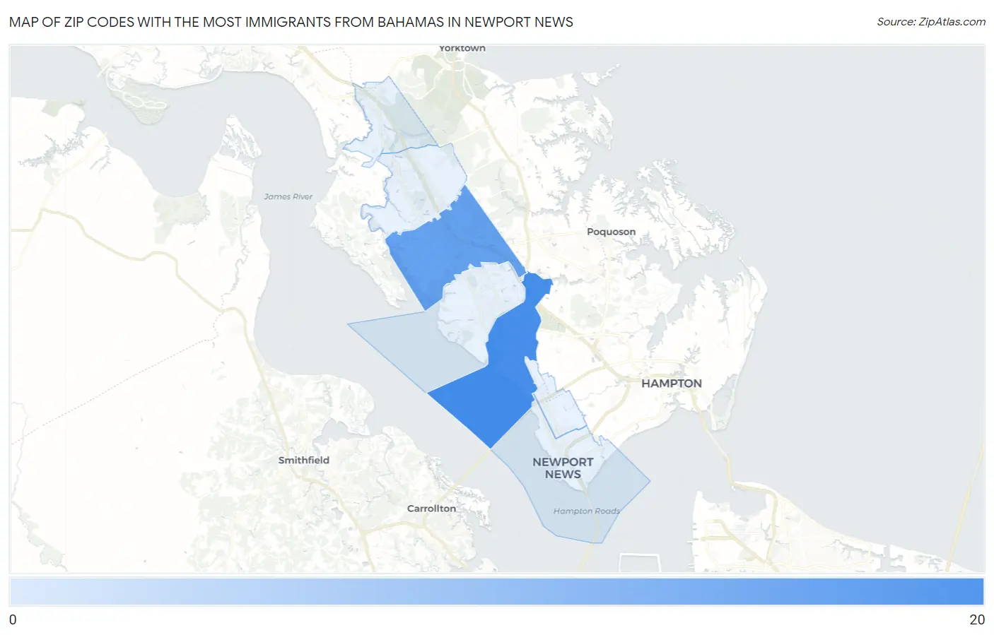 Zip Codes with the Most Immigrants from Bahamas in Newport News Map