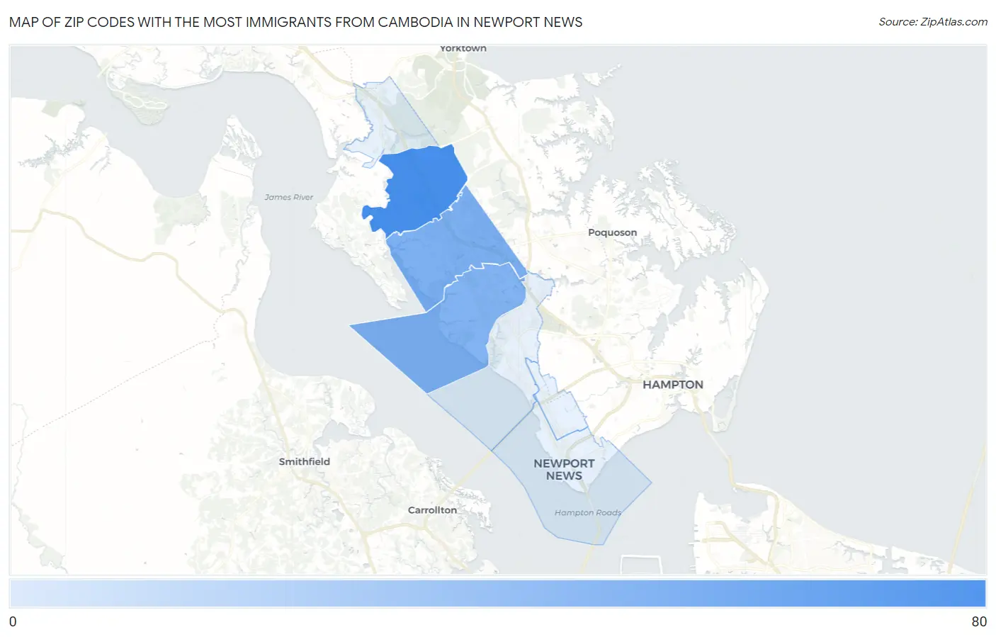 Zip Codes with the Most Immigrants from Cambodia in Newport News Map