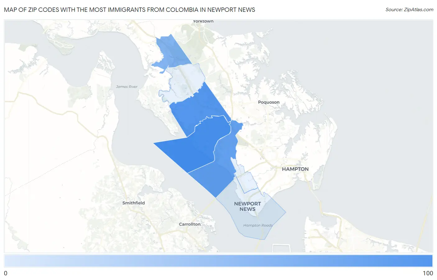 Zip Codes with the Most Immigrants from Colombia in Newport News Map