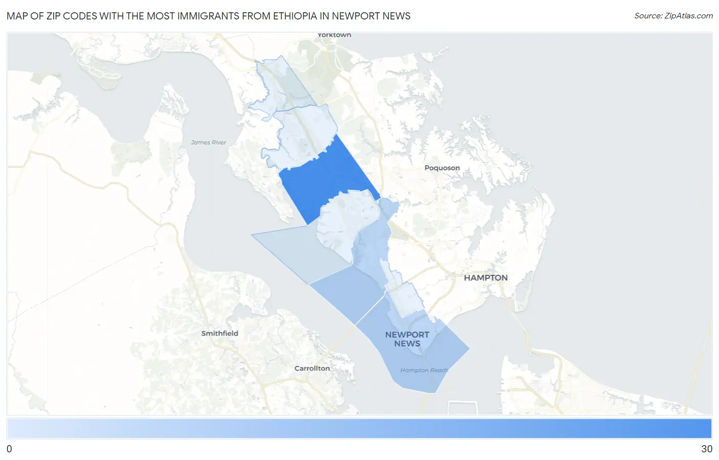 Zip Codes with the Most Immigrants from Ethiopia in Newport News Map