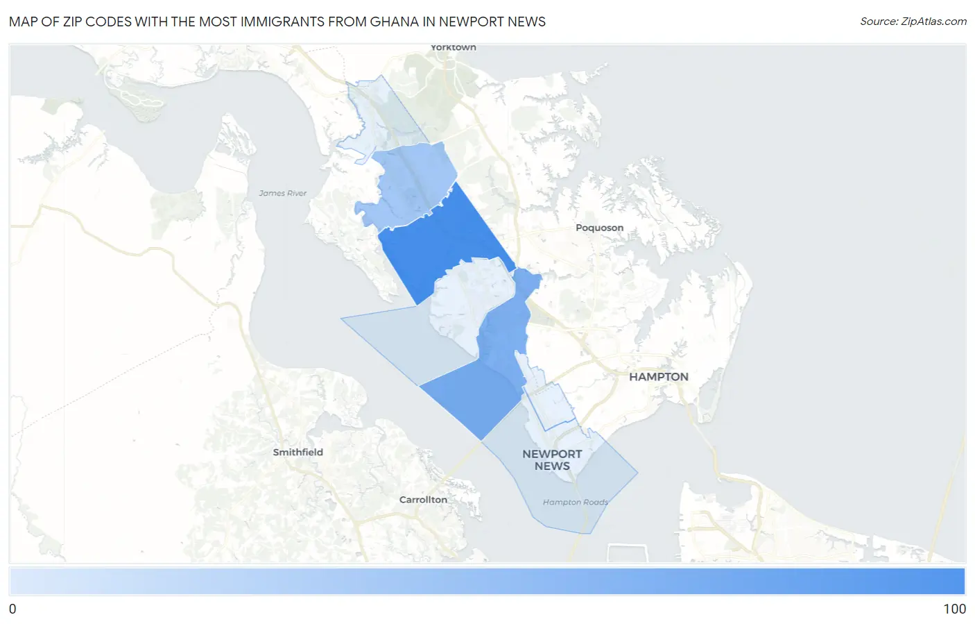 Zip Codes with the Most Immigrants from Ghana in Newport News Map