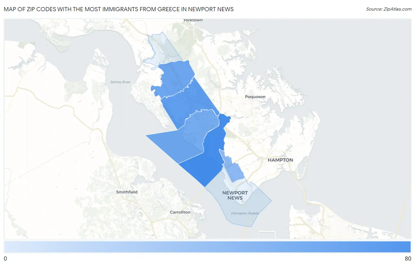 Zip Codes with the Most Immigrants from Greece in Newport News Map