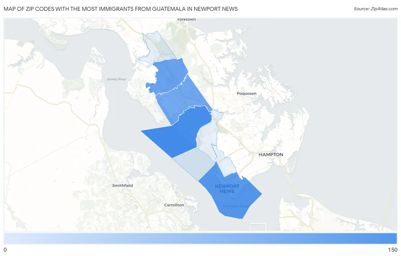 Zip Codes with the Most Immigrants from Guatemala in Newport News Map
