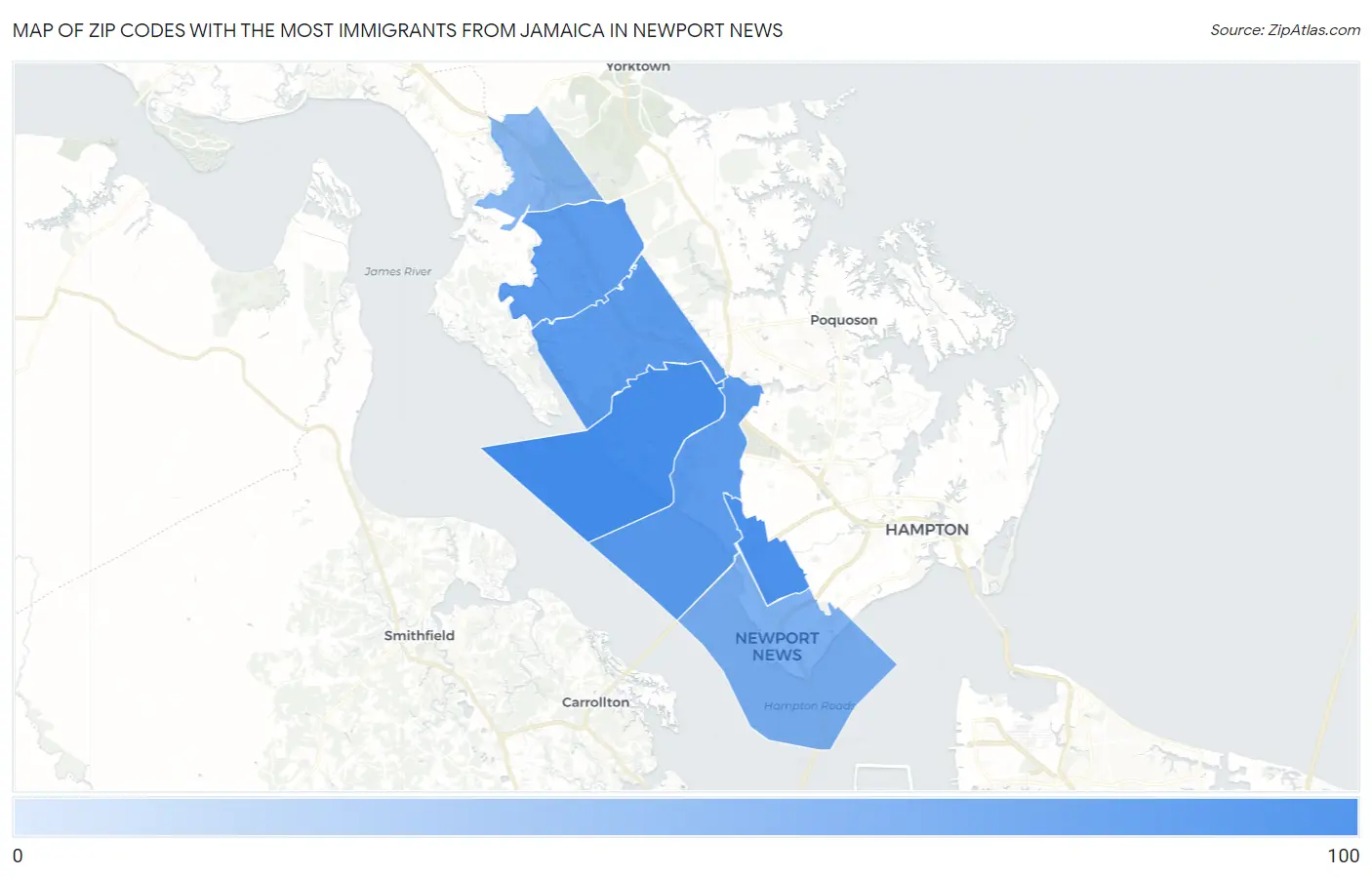 Zip Codes with the Most Immigrants from Jamaica in Newport News Map