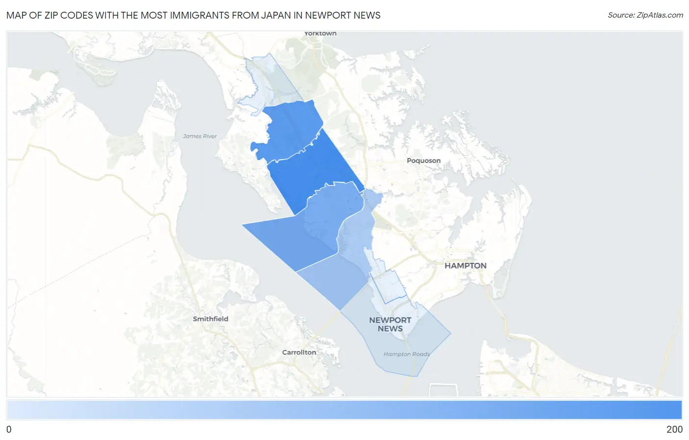 Zip Codes with the Most Immigrants from Japan in Newport News Map