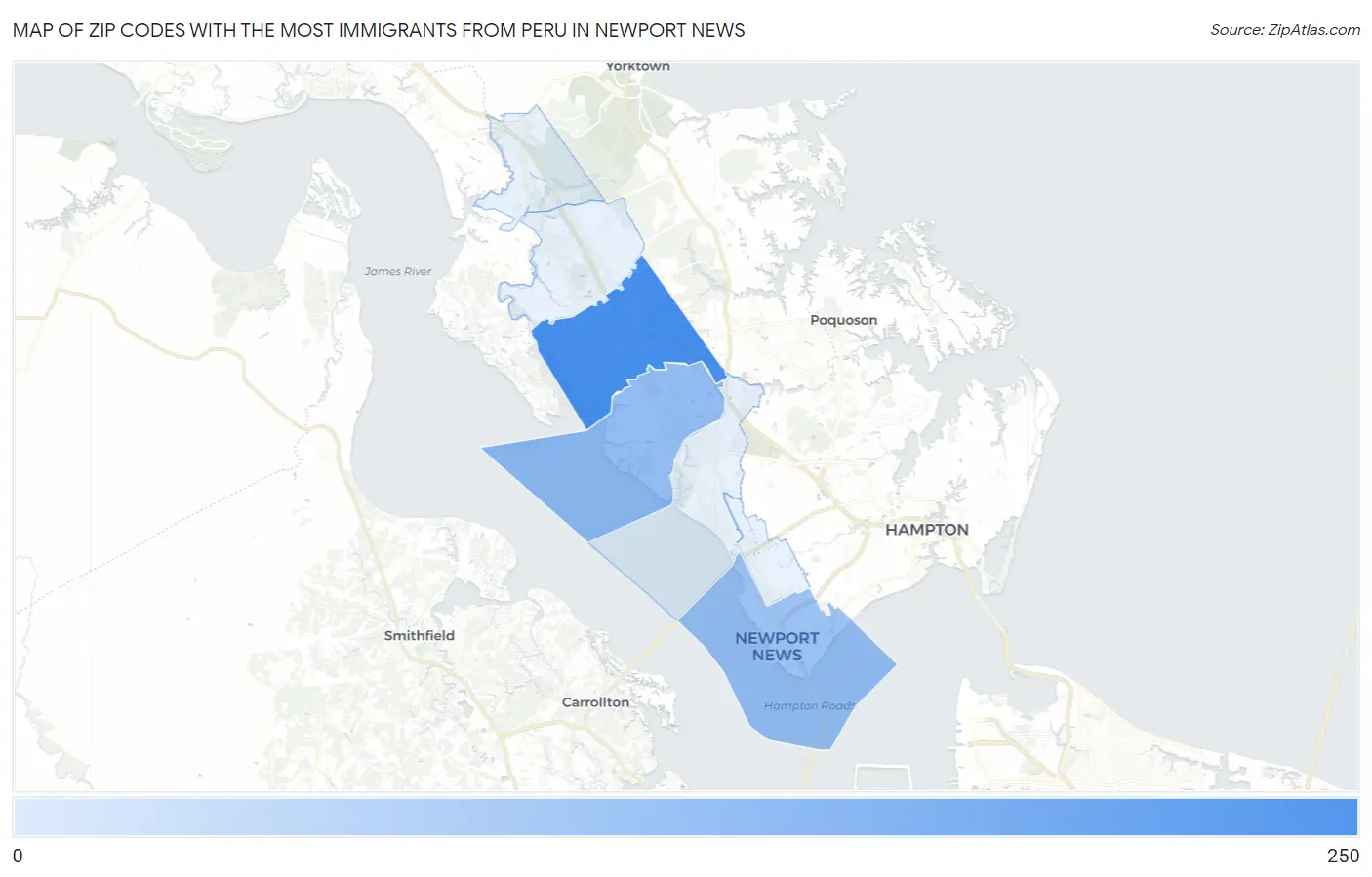 Zip Codes with the Most Immigrants from Peru in Newport News Map