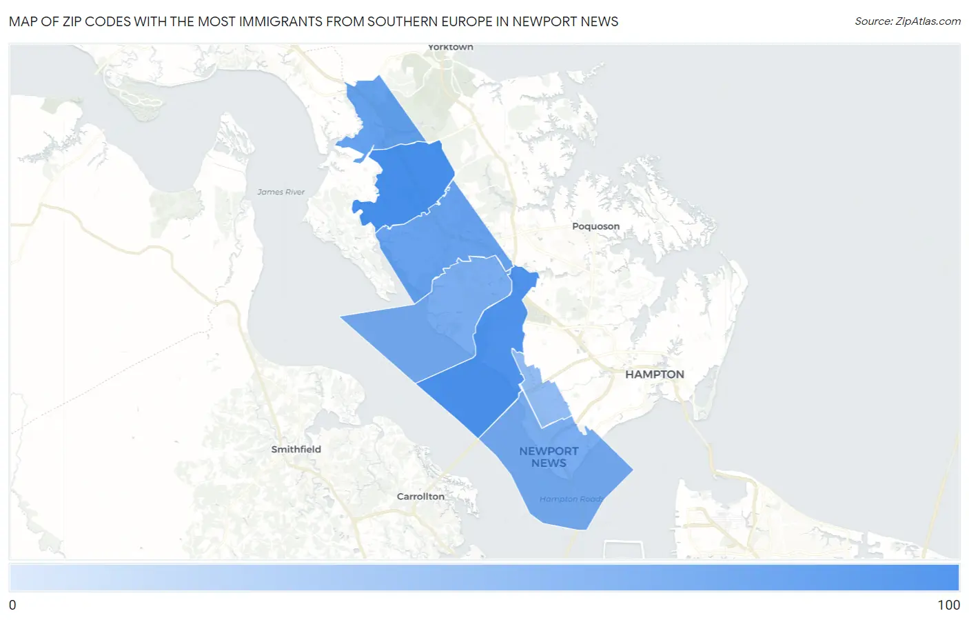 Zip Codes with the Most Immigrants from Southern Europe in Newport News Map