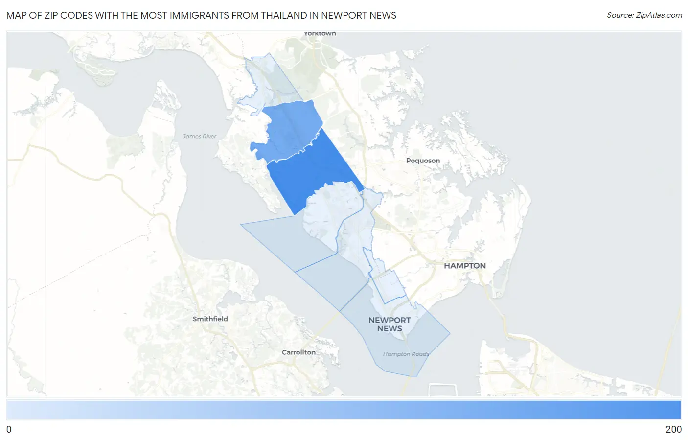 Zip Codes with the Most Immigrants from Thailand in Newport News Map