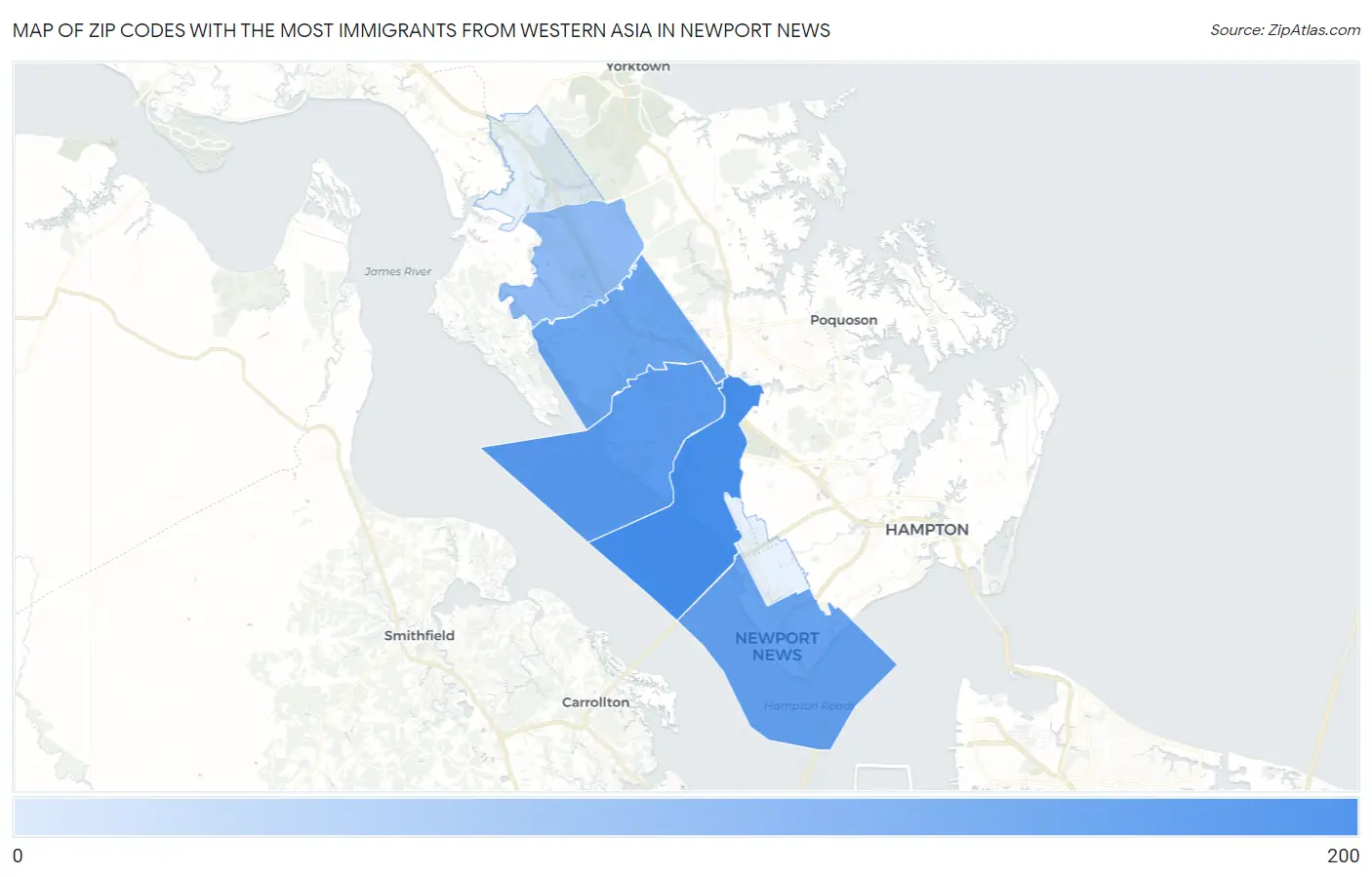 Zip Codes with the Most Immigrants from Western Asia in Newport News Map