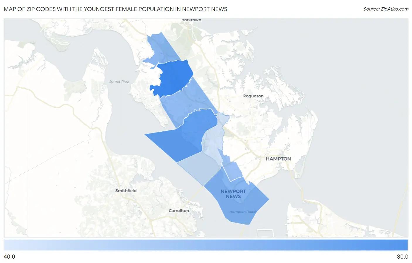 Zip Codes with the Youngest Female Population in Newport News Map