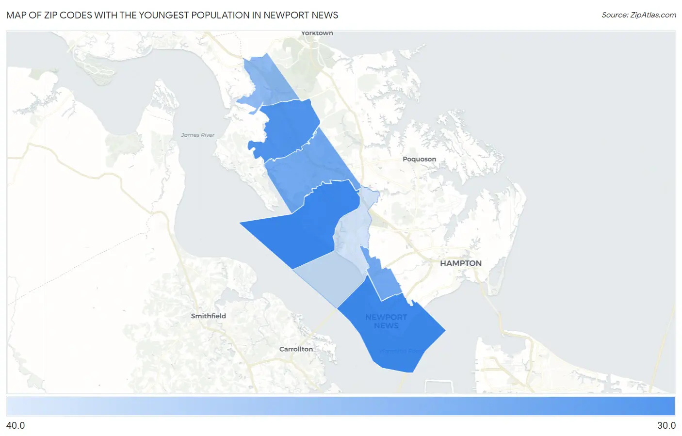 Zip Codes with the Youngest Population in Newport News Map