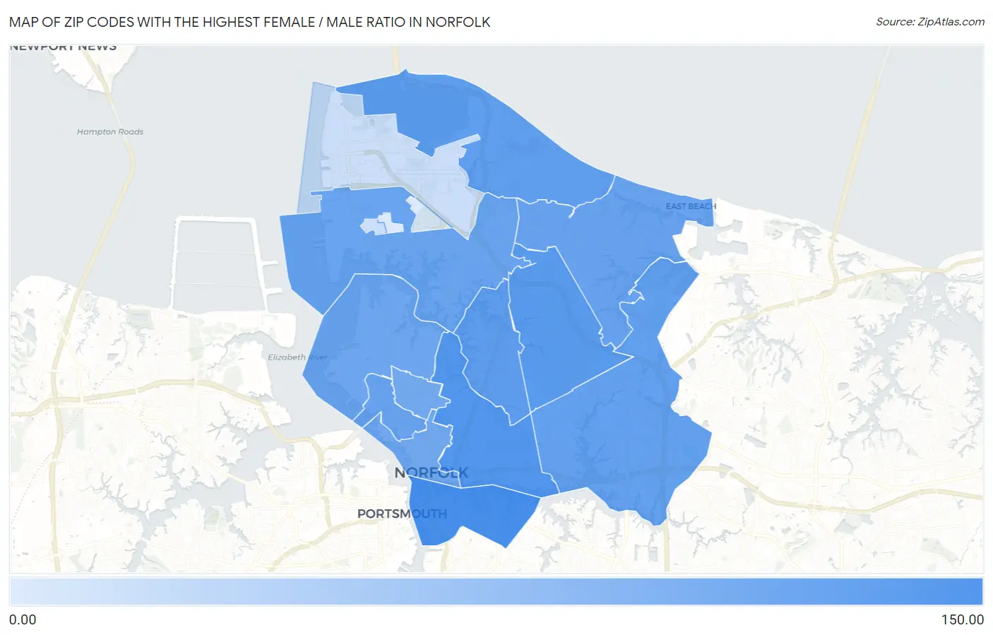 Zip Codes with the Highest Female / Male Ratio in Norfolk Map