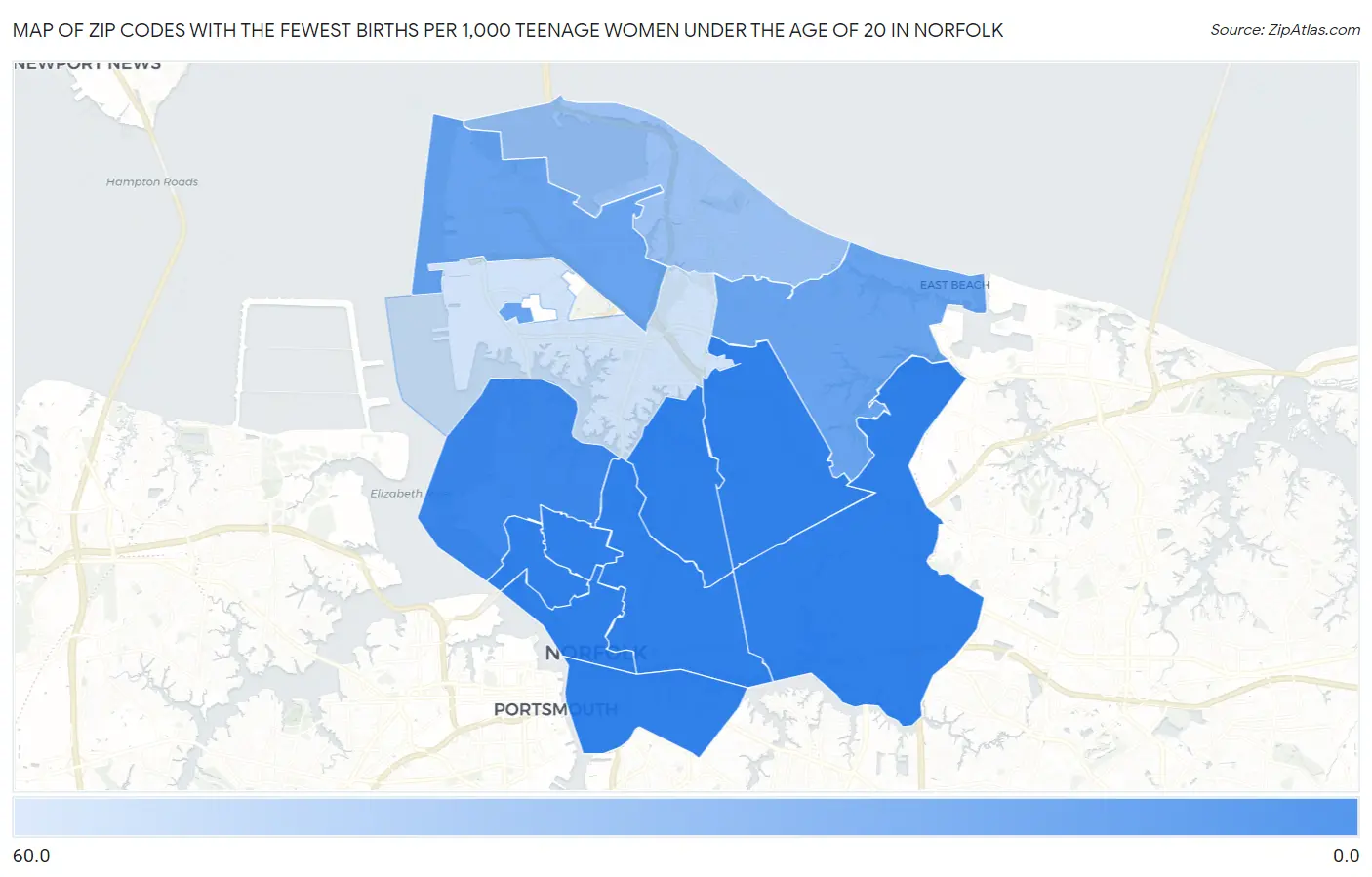 Zip Codes with the Fewest Births per 1,000 Teenage Women Under the Age of 20 in Norfolk Map