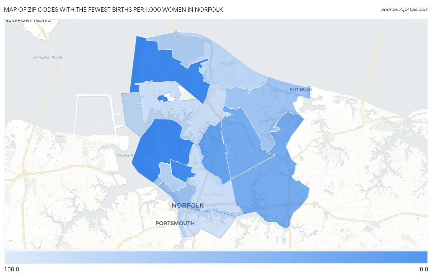 Zip Codes with the Fewest Births per 1,000 Women in Norfolk Map