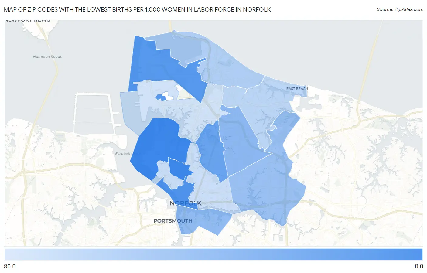 Zip Codes with the Lowest Births per 1,000 Women in Labor Force in Norfolk Map