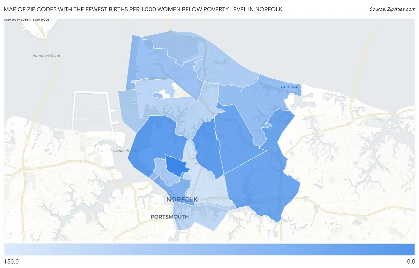 Zip Codes with the Fewest Births per 1,000 Women Below Poverty Level in Norfolk Map