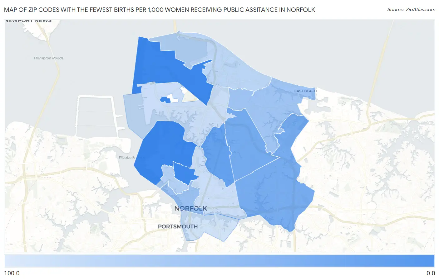 Zip Codes with the Fewest Births per 1,000 Women Receiving Public Assitance in Norfolk Map